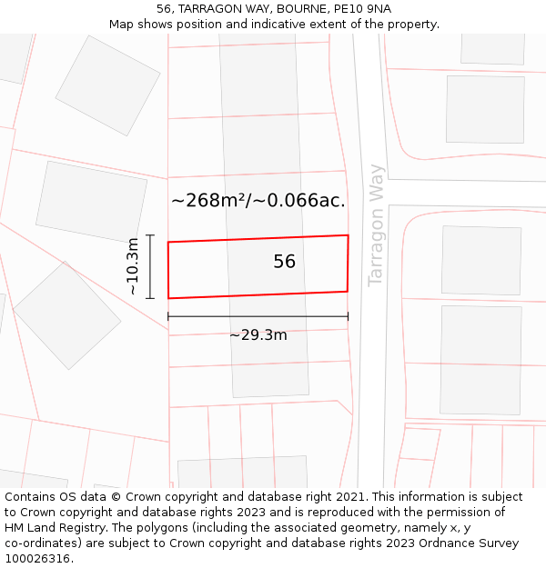 56, TARRAGON WAY, BOURNE, PE10 9NA: Plot and title map