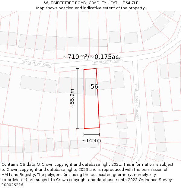 56, TIMBERTREE ROAD, CRADLEY HEATH, B64 7LF: Plot and title map