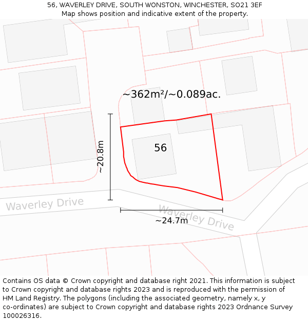 56, WAVERLEY DRIVE, SOUTH WONSTON, WINCHESTER, SO21 3EF: Plot and title map