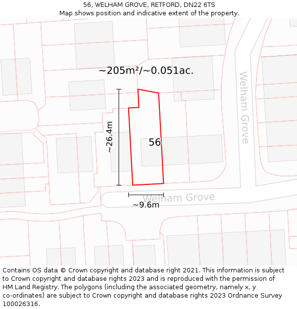 56, WELHAM GROVE, RETFORD, DN22 6TS: Plot and title map