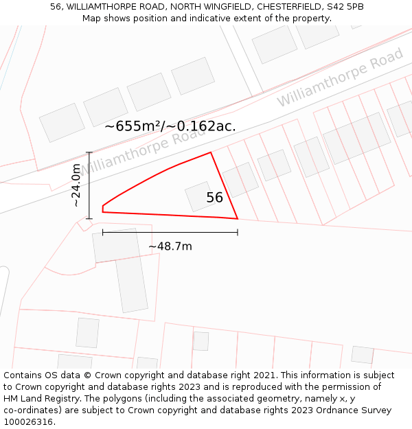 56, WILLIAMTHORPE ROAD, NORTH WINGFIELD, CHESTERFIELD, S42 5PB: Plot and title map