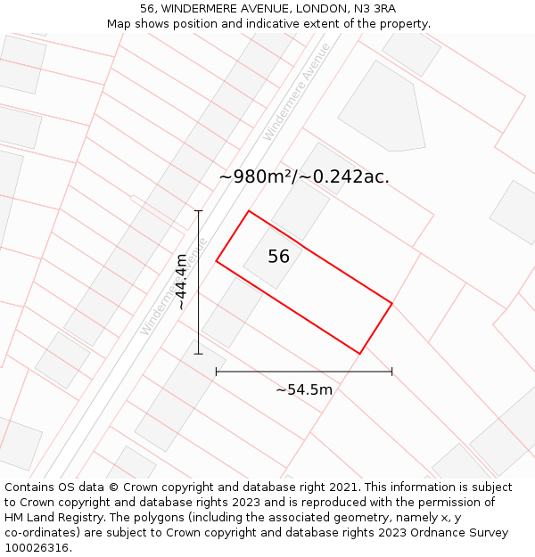 56, WINDERMERE AVENUE, LONDON, N3 3RA: Plot and title map