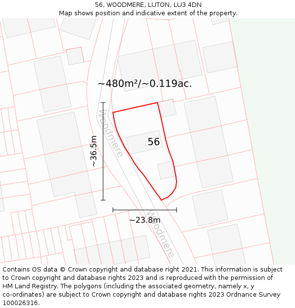 56, WOODMERE, LUTON, LU3 4DN: Plot and title map