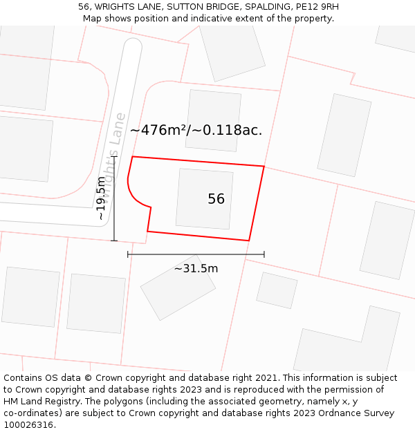 56, WRIGHTS LANE, SUTTON BRIDGE, SPALDING, PE12 9RH: Plot and title map