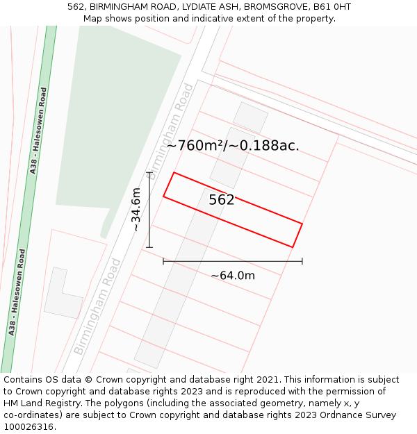 562, BIRMINGHAM ROAD, LYDIATE ASH, BROMSGROVE, B61 0HT: Plot and title map