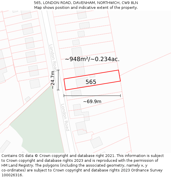 565, LONDON ROAD, DAVENHAM, NORTHWICH, CW9 8LN: Plot and title map