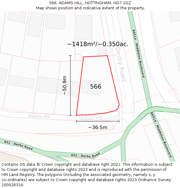 566, ADAMS HILL, NOTTINGHAM, NG7 2GZ: Plot and title map