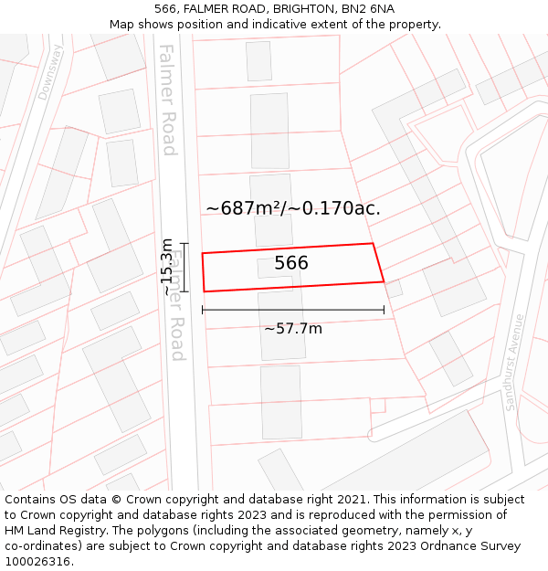 566, FALMER ROAD, BRIGHTON, BN2 6NA: Plot and title map