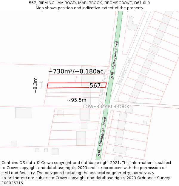 567, BIRMINGHAM ROAD, MARLBROOK, BROMSGROVE, B61 0HY: Plot and title map