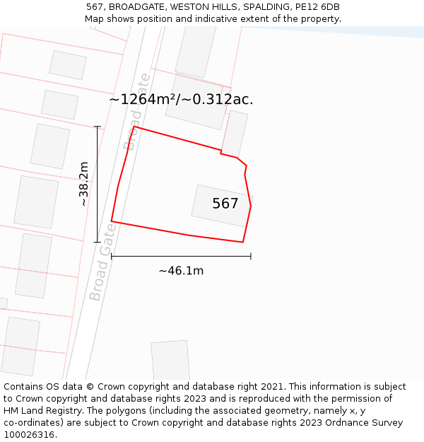 567, BROADGATE, WESTON HILLS, SPALDING, PE12 6DB: Plot and title map