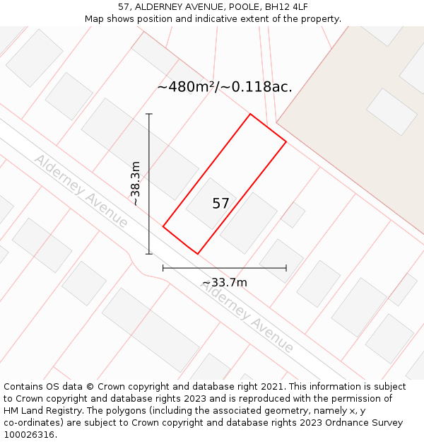 57, ALDERNEY AVENUE, POOLE, BH12 4LF: Plot and title map