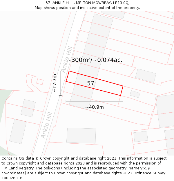 57, ANKLE HILL, MELTON MOWBRAY, LE13 0QJ: Plot and title map