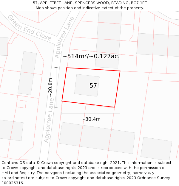 57, APPLETREE LANE, SPENCERS WOOD, READING, RG7 1EE: Plot and title map