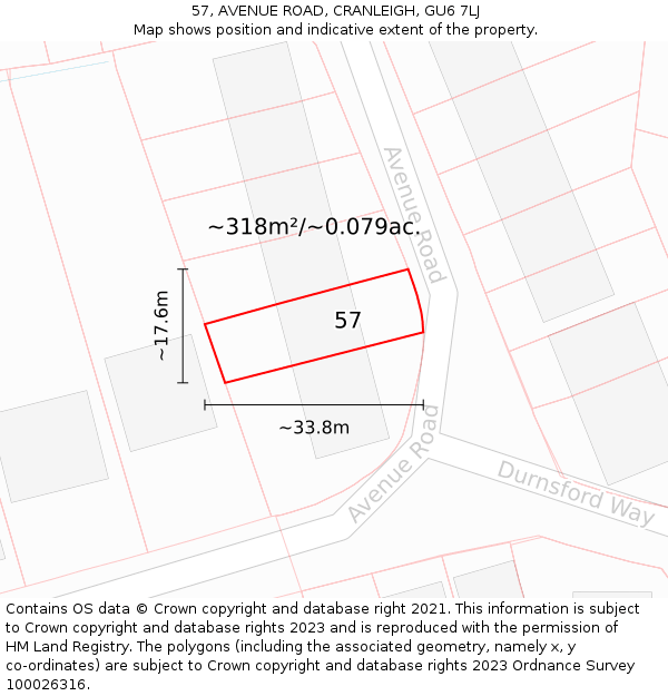 57, AVENUE ROAD, CRANLEIGH, GU6 7LJ: Plot and title map