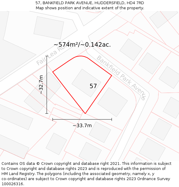 57, BANKFIELD PARK AVENUE, HUDDERSFIELD, HD4 7RD: Plot and title map