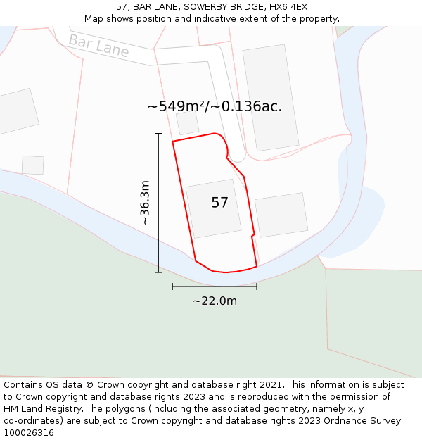 57, BAR LANE, SOWERBY BRIDGE, HX6 4EX: Plot and title map