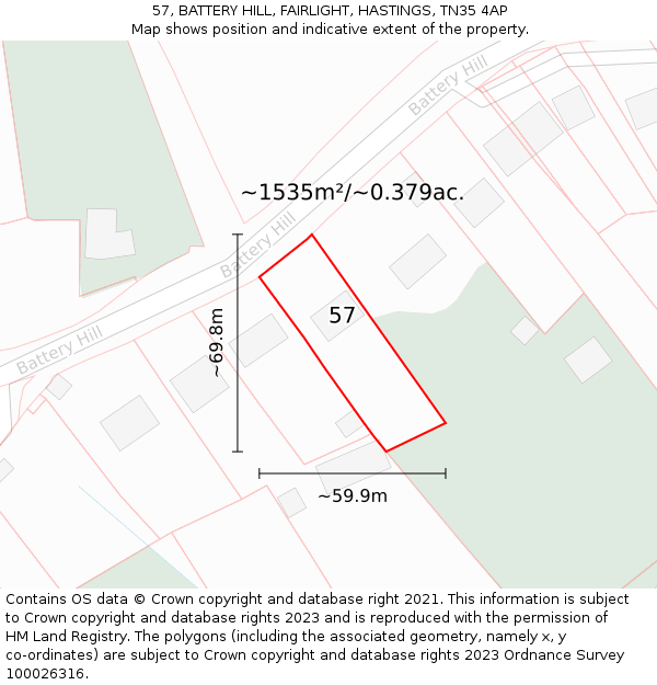 57, BATTERY HILL, FAIRLIGHT, HASTINGS, TN35 4AP: Plot and title map