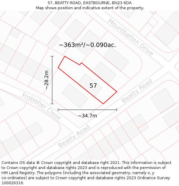 57, BEATTY ROAD, EASTBOURNE, BN23 6DA: Plot and title map