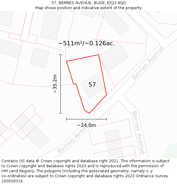 57, BERRIES AVENUE, BUDE, EX23 8QD: Plot and title map