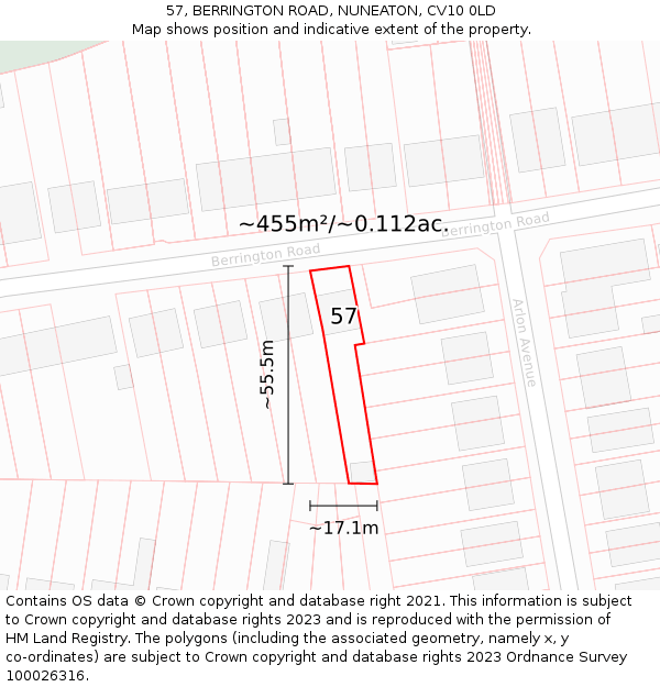 57, BERRINGTON ROAD, NUNEATON, CV10 0LD: Plot and title map