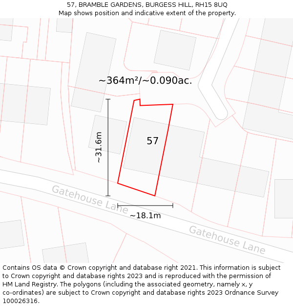 57, BRAMBLE GARDENS, BURGESS HILL, RH15 8UQ: Plot and title map