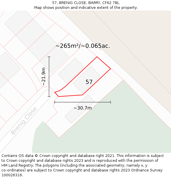 57, BRENIG CLOSE, BARRY, CF62 7BL: Plot and title map