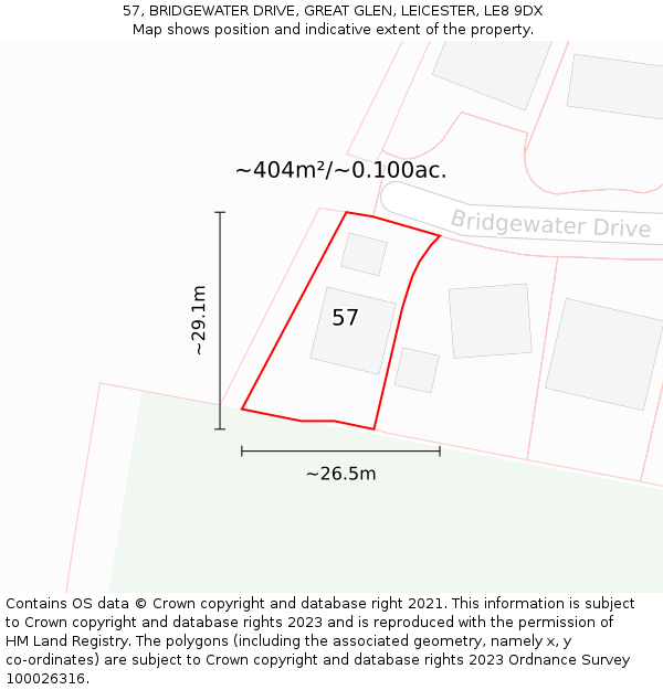57, BRIDGEWATER DRIVE, GREAT GLEN, LEICESTER, LE8 9DX: Plot and title map