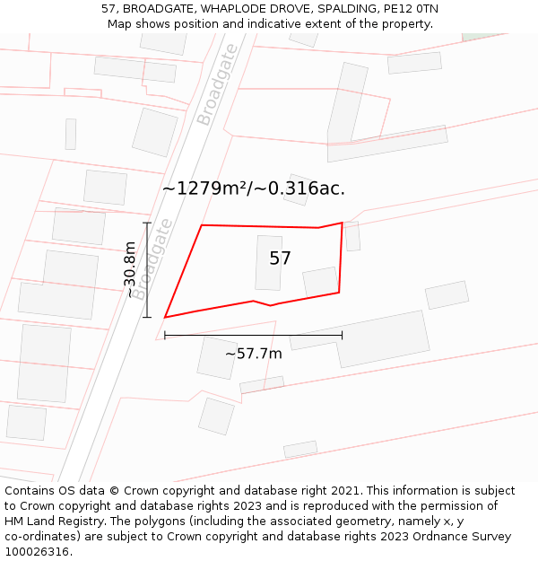 57, BROADGATE, WHAPLODE DROVE, SPALDING, PE12 0TN: Plot and title map