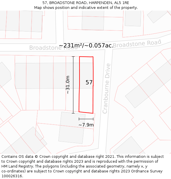 57, BROADSTONE ROAD, HARPENDEN, AL5 1RE: Plot and title map