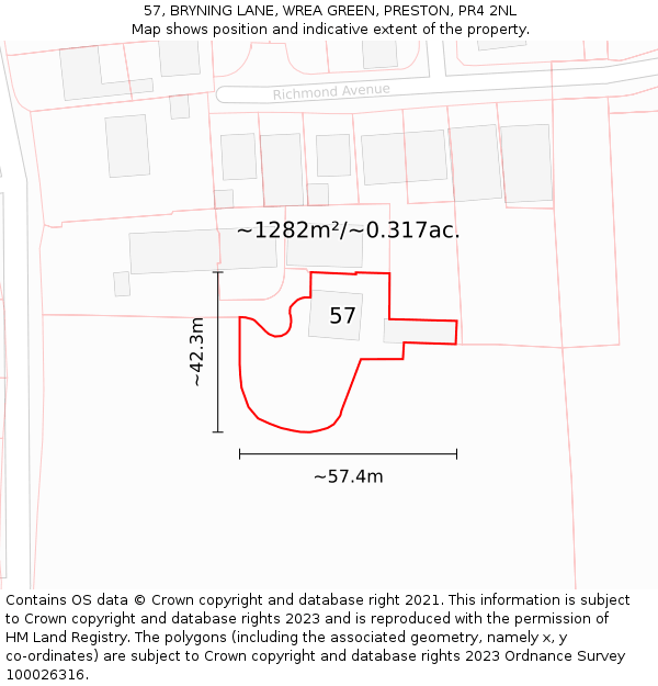 57, BRYNING LANE, WREA GREEN, PRESTON, PR4 2NL: Plot and title map