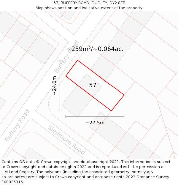 57, BUFFERY ROAD, DUDLEY, DY2 8EB: Plot and title map