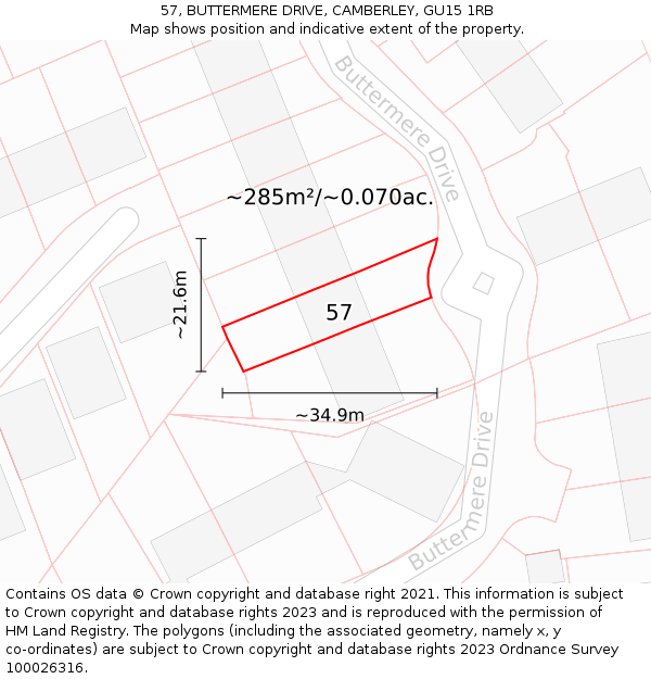 57, BUTTERMERE DRIVE, CAMBERLEY, GU15 1RB: Plot and title map
