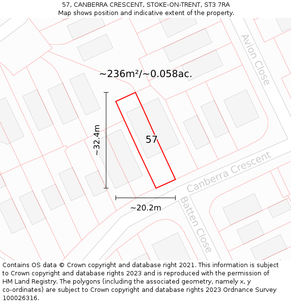 57, CANBERRA CRESCENT, STOKE-ON-TRENT, ST3 7RA: Plot and title map