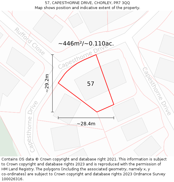 57, CAPESTHORNE DRIVE, CHORLEY, PR7 3QQ: Plot and title map