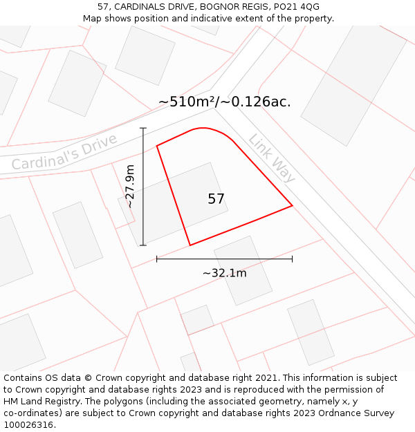 57, CARDINALS DRIVE, BOGNOR REGIS, PO21 4QG: Plot and title map