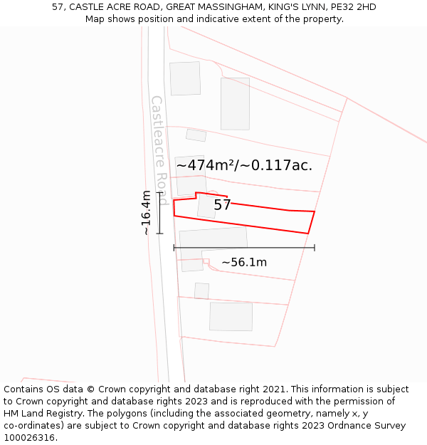 57, CASTLE ACRE ROAD, GREAT MASSINGHAM, KING'S LYNN, PE32 2HD: Plot and title map