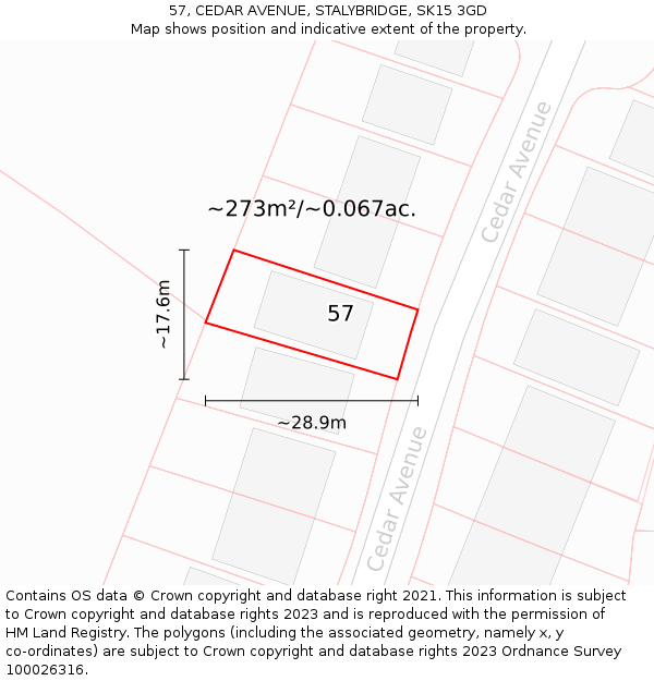 57, CEDAR AVENUE, STALYBRIDGE, SK15 3GD: Plot and title map