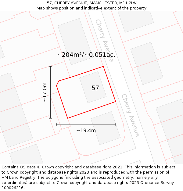 57, CHERRY AVENUE, MANCHESTER, M11 2LW: Plot and title map