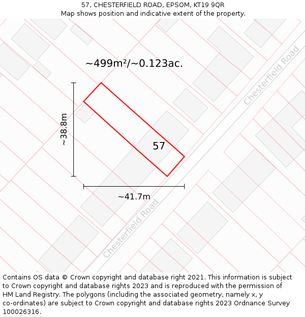 57, CHESTERFIELD ROAD, EPSOM, KT19 9QR: Plot and title map