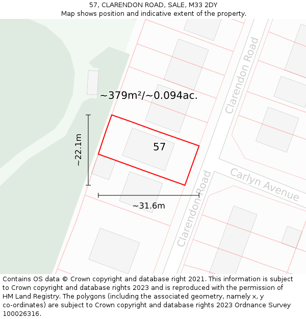 57, CLARENDON ROAD, SALE, M33 2DY: Plot and title map