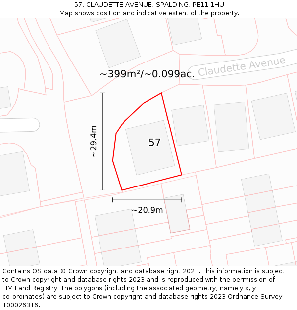 57, CLAUDETTE AVENUE, SPALDING, PE11 1HU: Plot and title map