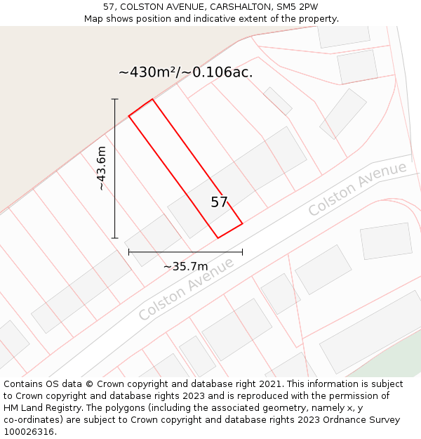 57, COLSTON AVENUE, CARSHALTON, SM5 2PW: Plot and title map