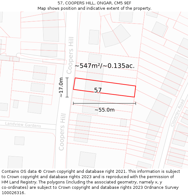 57, COOPERS HILL, ONGAR, CM5 9EF: Plot and title map