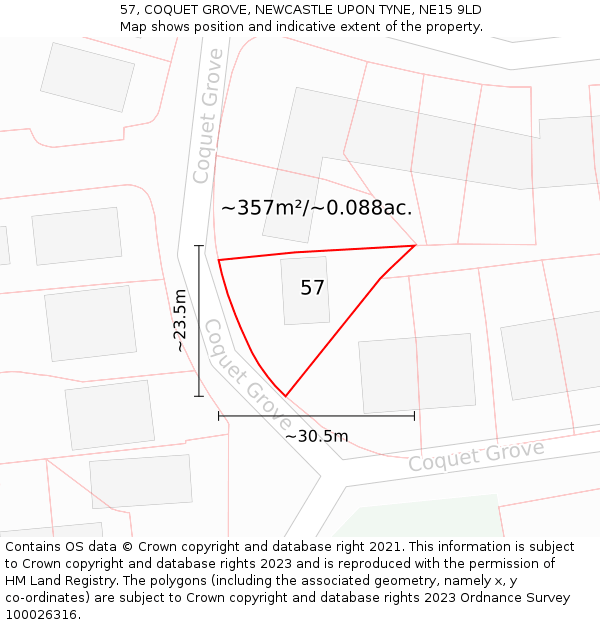 57, COQUET GROVE, NEWCASTLE UPON TYNE, NE15 9LD: Plot and title map