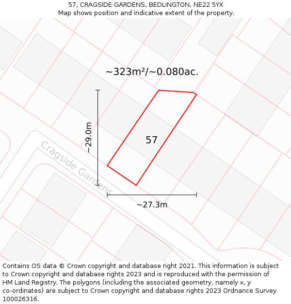 57, CRAGSIDE GARDENS, BEDLINGTON, NE22 5YX: Plot and title map