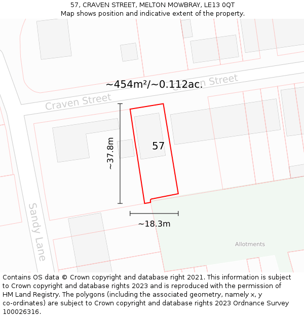 57, CRAVEN STREET, MELTON MOWBRAY, LE13 0QT: Plot and title map