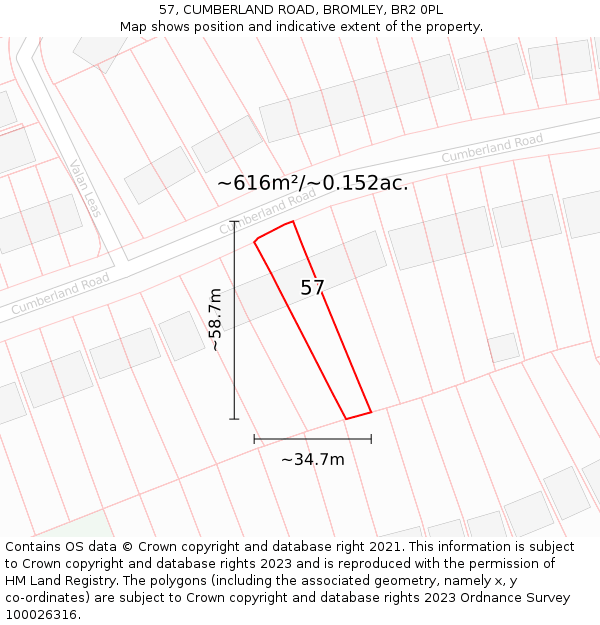 57, CUMBERLAND ROAD, BROMLEY, BR2 0PL: Plot and title map