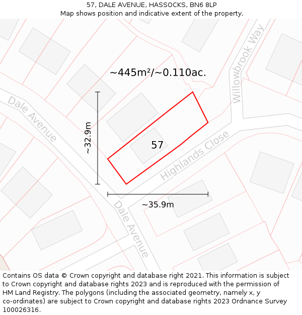 57, DALE AVENUE, HASSOCKS, BN6 8LP: Plot and title map