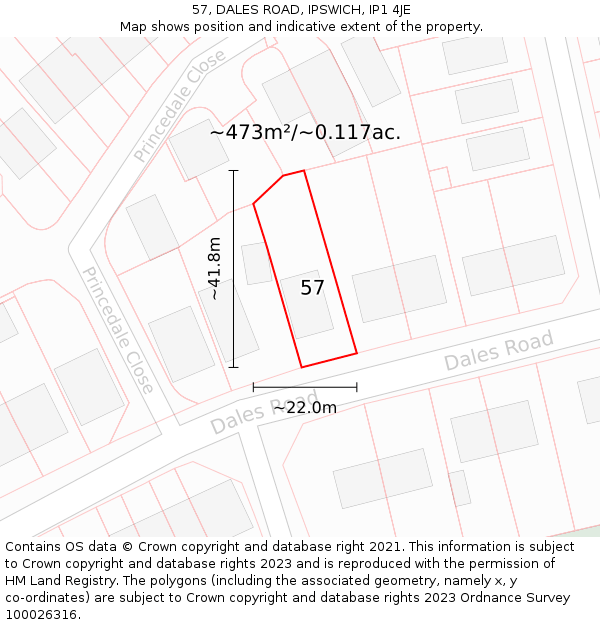57, DALES ROAD, IPSWICH, IP1 4JE: Plot and title map