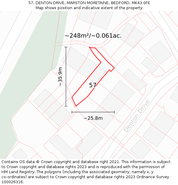 57, DENTON DRIVE, MARSTON MORETAINE, BEDFORD, MK43 0FE: Plot and title map